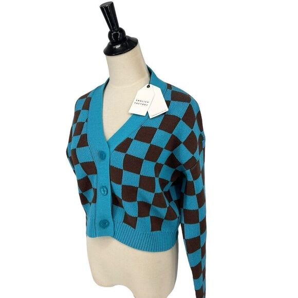 English Factory Brown Blue Checkerboard Checkered Cardigan Sweater Sz S Preppy - Picture 3 of 14